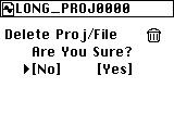 3. The project/file edit screen will appear, with the name of the currently selected and confirmed project/file shown at the time. 4. Use the P-dial to select and confirm "Delete.
