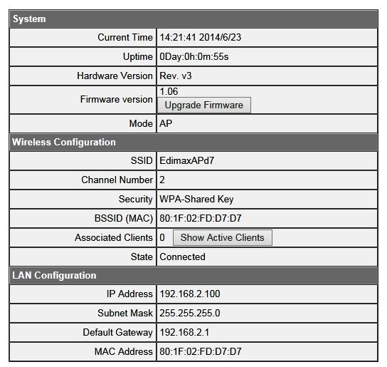 VI. Access Point Mode VI-1. Home The Status and Information page displays basic system information about the device, arranged into three categories: system, wireless configuration & LAN configuration.