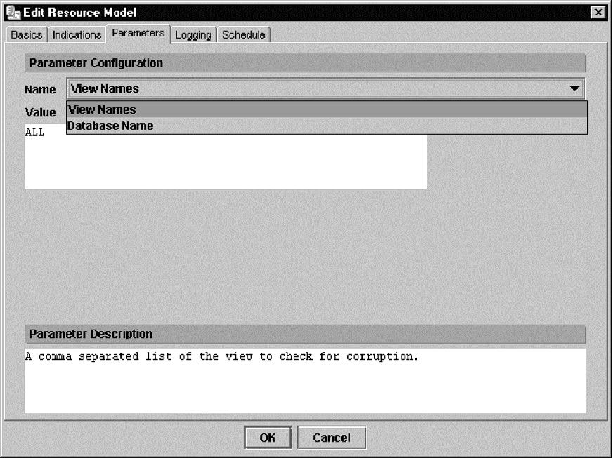 Figure 51. Parameters tab dialog box (Management Console) 3. Select the name of the parameter that you want to change from the Name drop-down list.