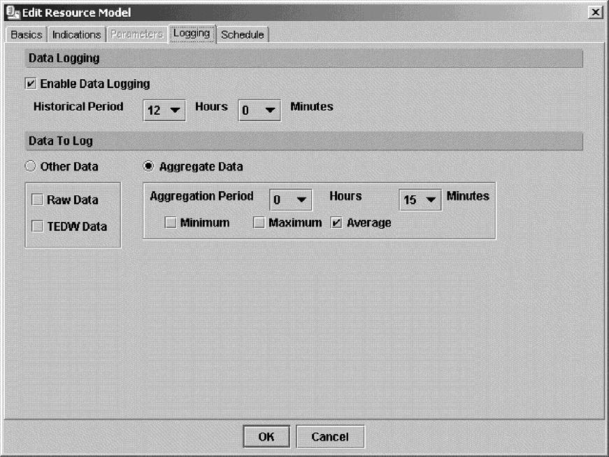 Figure 55. Logging tab dialog box (Management Console) 4. If you want to summarize (aggregate) the data, do the following: a. Select the Aggregate Data option to actiate the Aggregation options. b. Set the Aggregation Period by selecting the hours and minutes from the Hours and Minutes drop-down lists.