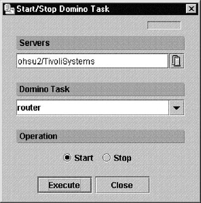 1. Click the Status and Operations tab of the Management Console. 2. Select the serer for which you want to run a Domino task in the tree iew on the left side of the console. 3.