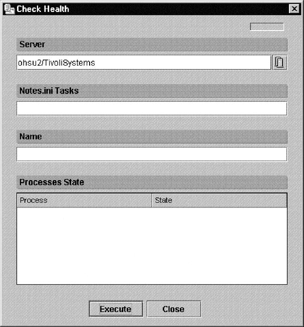 Figure 69. Check Health dialog box (Management Console) 4. (Optional) Type a list of third-party tasks as they appear in the Lotus Domino Serer Notes.ini file into the Notes.