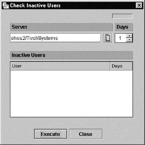 Figure 74. Check Inactie Users dialog box (Management Console) 4. In the Days text box, enter a number to define a period of days that users are inactie. 5.