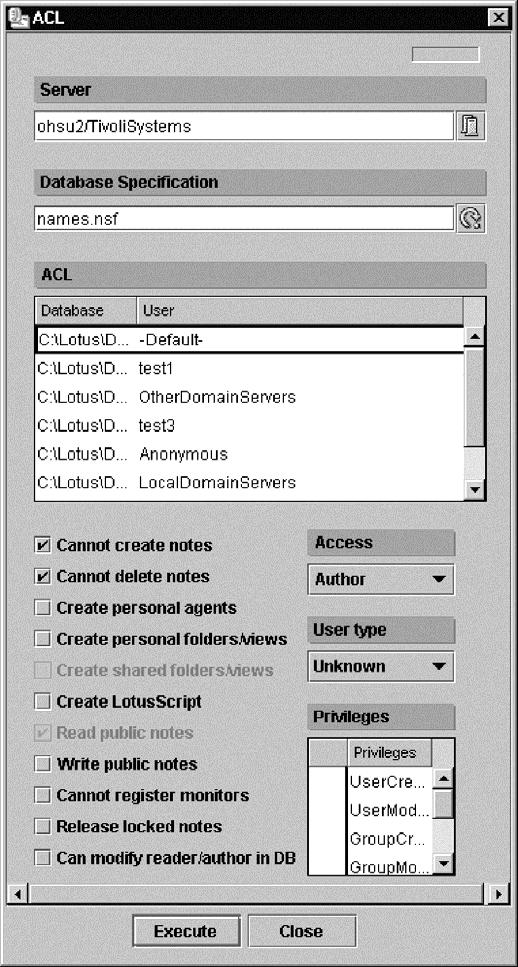 Figure 75. ACL dialog box (Management Console) 4. In the Database Specification text box, enter the names of database files whose ACLs you want to modify.