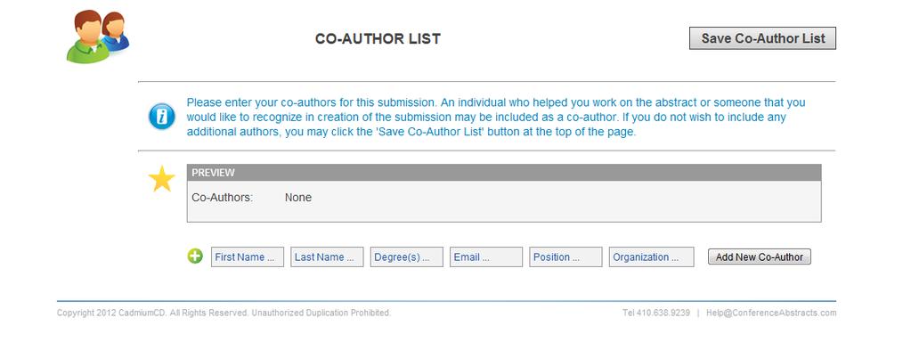 10. Enter the Co-Author(s) information. If you do not have any co-authors, click on the Save Co-Author List button to continue on to the next task.