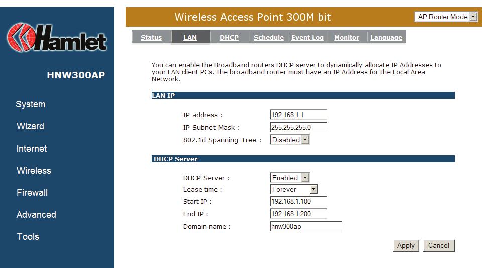 LAN IP IP address: 192.168.1.1. It is the router s LAN IP address (Your LAN clients default gateway IP address). It can be changed based on your own choice. IP Subnet Mask: 255.