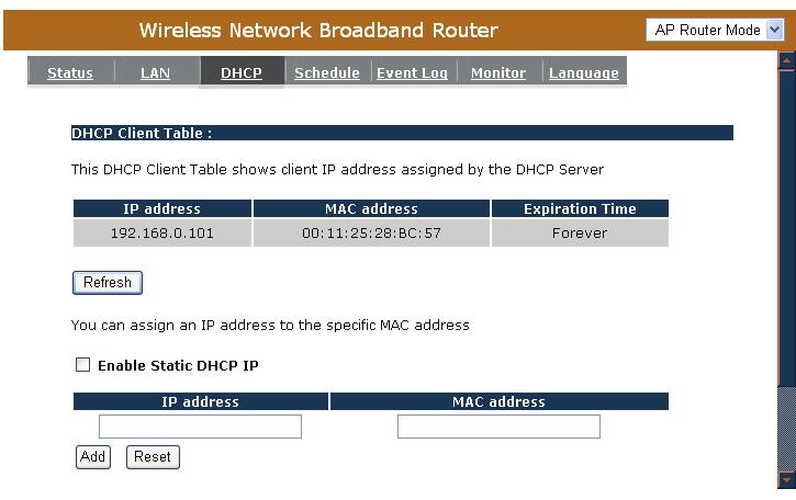 11.3 DHCP View the current LAN clients which are assigned with an IP Address by the DHCP-server. This page shows all DHCP clients (LAN PCs) currently connected to your network.