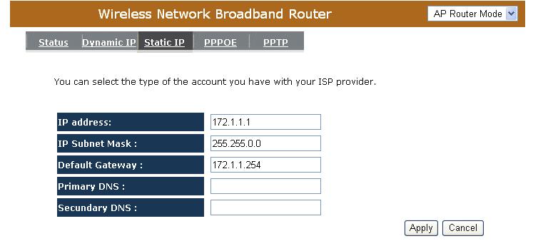 13.3 Static IP If your ISP Provider has assigned a fixed IP address, enter the assigned IP address, Subnet
