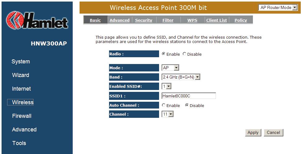 14. Wireless Settings 14.1 Basic In basic setting page, you can set wireless Radio, Mode, Band, SSID, and Channel. Radio: You can turn on/off wireless radio.