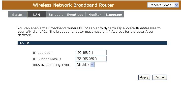 LAN Settings: This page displays the Broadband router LAN port s current LAN & WLAN information. It also shows whether the DHCP Server function is enabled / disabled.