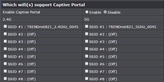 4. Check the Enable option for the Enable Captive Portal setting to enable the captive portal feature. Tick the which SSIDs to apply and require the captive portal authentication function. 6.