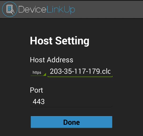 After downloading Device LinkUp to your device, open the app to show the login screen. Before using login credentials, you must enter the server information by tapping Change Host.