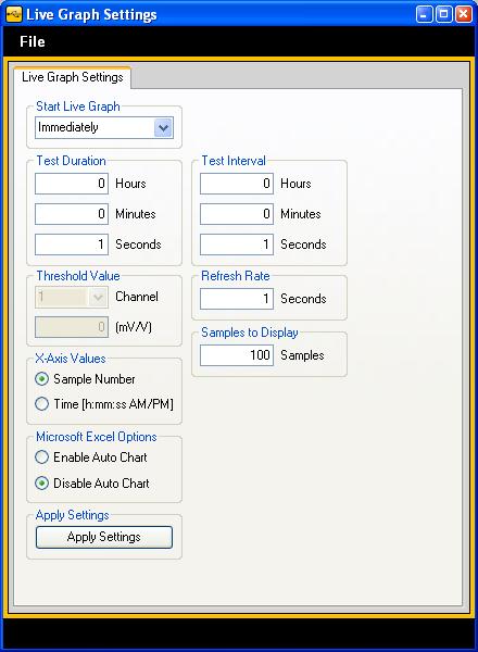 28 Live Graph Settings Start Live Graph There are three options to specify when to start live graphing: (1) Immediately, (2) Above Threshold, or (3) Below Threshold.