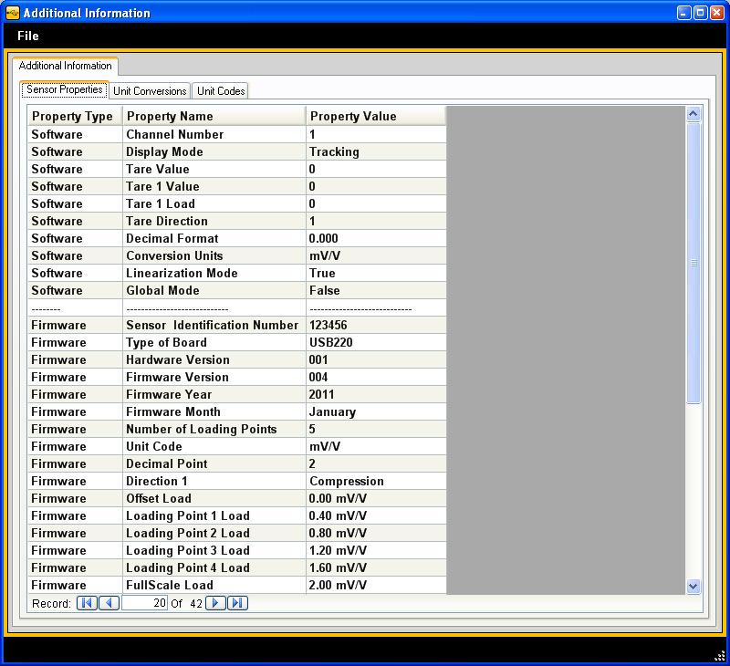 38 Additional Information Sensor Properties This tab allows the user to view the current Sensor Properties for each channel.