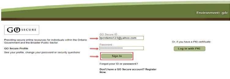 Access TPCR via GO-Secure 2. A new GO Secure Sign In page appears.
