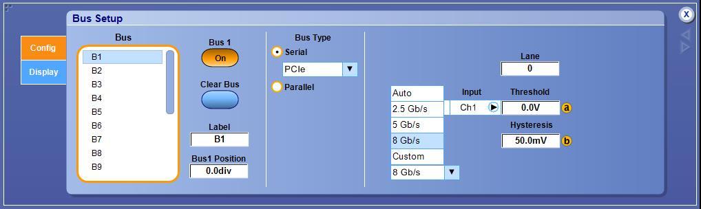through Bus Setup under Vertical menu with a variety of user-adjustable settings Results table shows