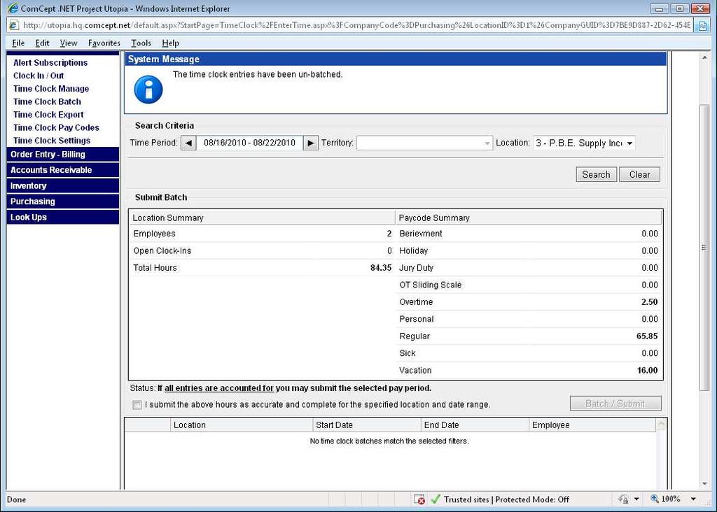 Page 11 of 13 Time Clock Export: This screen is used to create export files to Ceridian and ADP payroll providers.