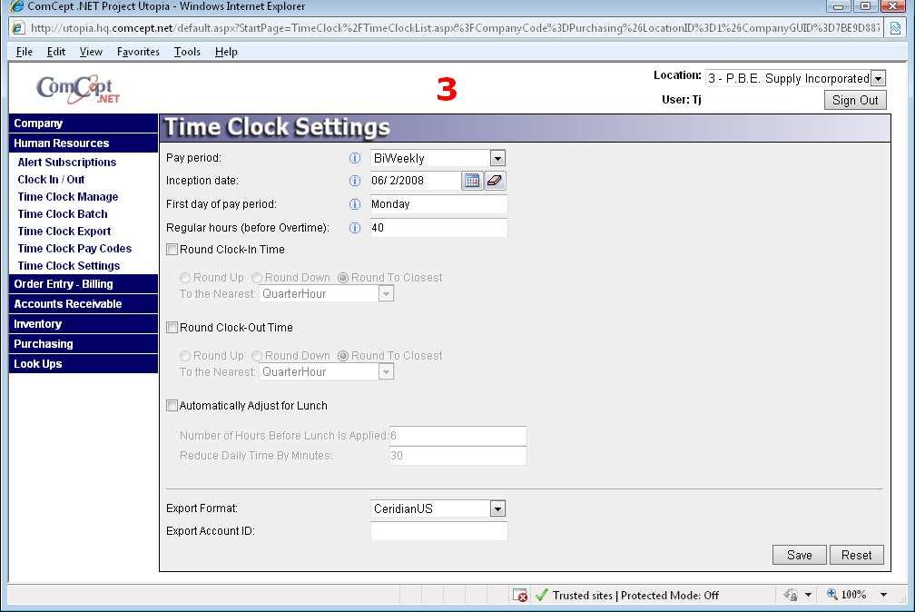 Page 13 of 13 Time Clock Settings: These are companywide settings as to how the time clock system is setup. Set pay period to your actual pay schedule.