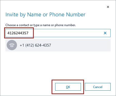 o To invite another caller using a phone number, enter the five or ten-digit number into the "Choose a contact or type a name or phone number" field. Then click OK.
