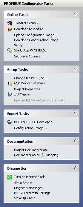 PROFIBUS Configurator Tasks 42 Some entries, which are frequently used, show icons before the text. These icons exist in the toolbar as well.