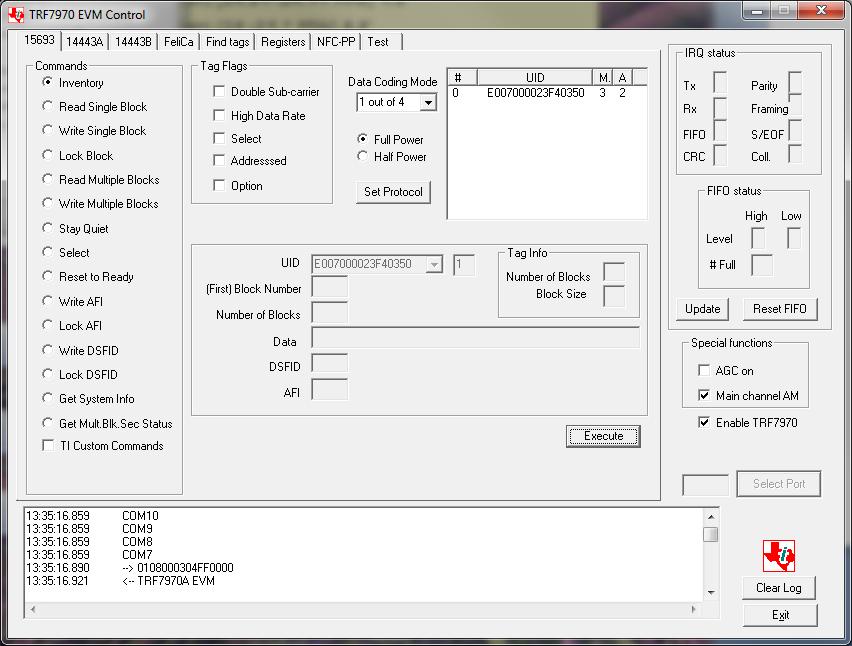Once the drivers are loaded and a COM port is present in Device Manager, the Texas Instruments GUI can be run to test the RFID2 module's operation: This GUI is available for download