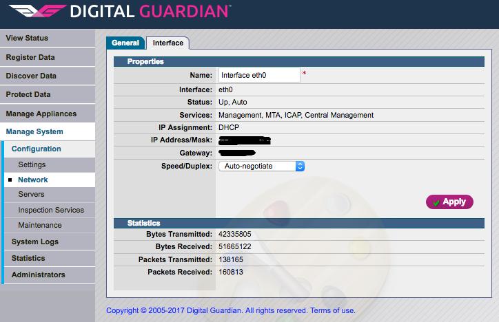 Figure 12: DG appliance network interface configuration 2. Enabling ICAP service: Go to Manage System -> Inspection Services -> ICAP and enable ICAP server.