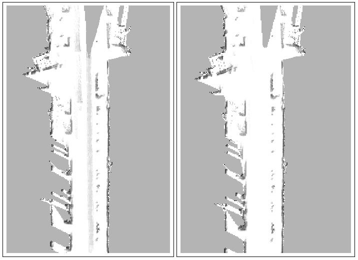 Fig. 6. Occupancy grid maps built with and without filtering out detected moving objects. location computed by SLAM and the current laser scan is drawn in red.