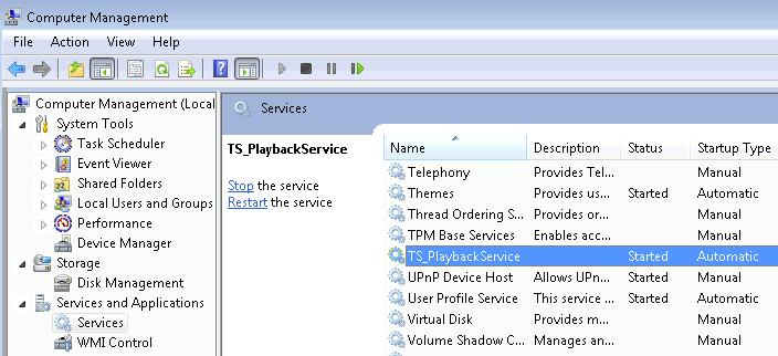 Restarting and Stopping the TS Playback Service To restart or stop the TS Playback Service, open Windows Services (Control Panel > System and Security > Administrative Tools), scroll down to
