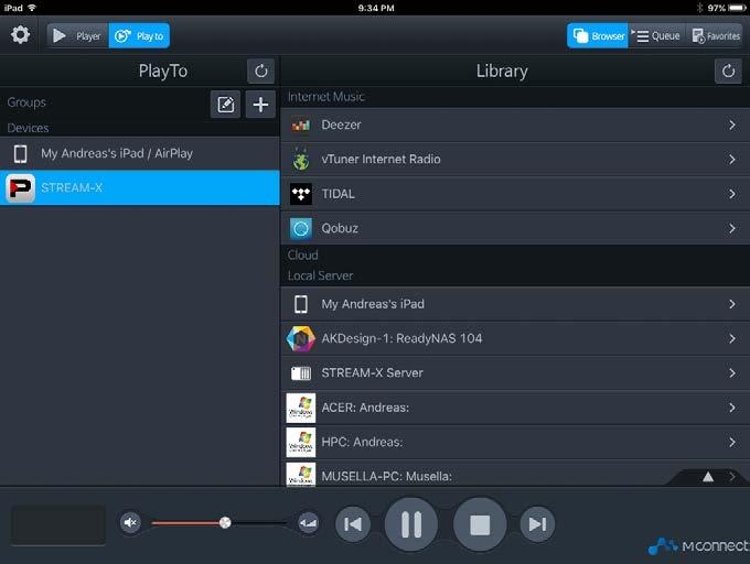 Press "Play to" to select and connect to Stream-X Selector to select and manage your audio Settings Refresh display List of streaming services List of storage, servers on network Volume control Press
