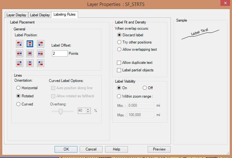 164 Chapter 5: Displaying Maps In Labeling Rule dialog box, shown in the following illustration, can also set visibility on or off, as well as set a zoom range for the labels to be displayed.