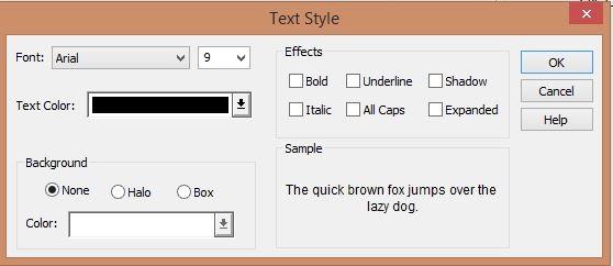 MapInfo Professional Symbol Sets 165 Text Style dialog box. To label all objects on a map, select the Label tag option in the Explorer > Maps dialog box.