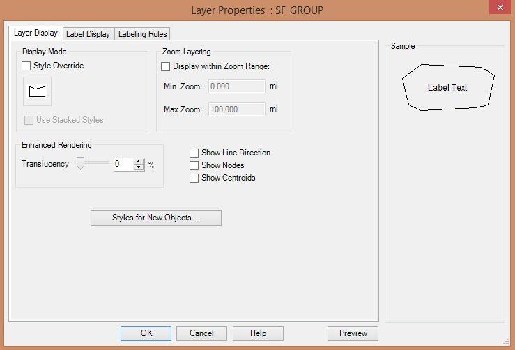 Layer Properties 155 Layer Display allows the look of the map to be temporarily changed, such as applying a background color for block groups; changing the line style or color of a highway layer to