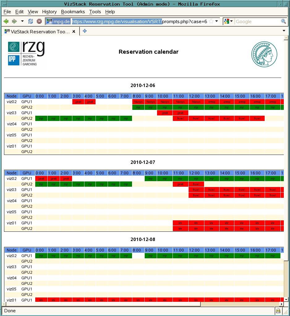 User interface VizStack Reservation System (VSRT) reservation calendar: green: my reservations