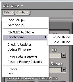 .: by selecting this entry, the Bit One entire Setup is loaded from a previously saved file (EX. BitOneConfig1.bit ). This feature is available both in TARGET and in OFF LINE mode.