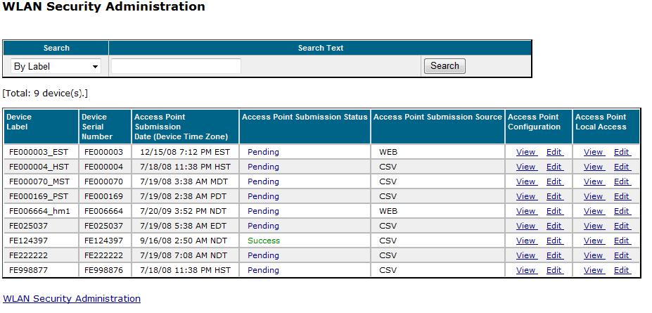 GEOMANAGER WLAN Administration Guide Figure 2: List of Available Devices The following table describes the columns displayed: Column Device Label Device Serial Number Access Point Submission Date