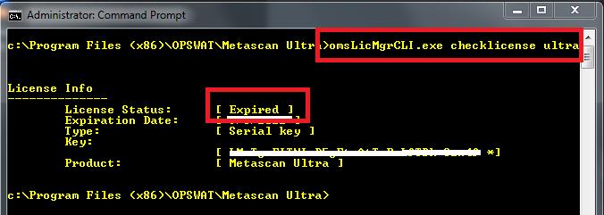 3. Verify that your installation of Metascan is NOT already activated. omslicmgrcli.exe checklicense [package] e.g., omslicmgrcli.