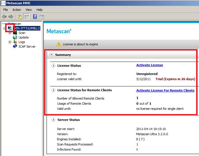 Offline Activation through the Metascan Management Console The Metascan Management Console is installed by default and can be launched from the Start menu.