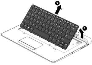 6. Remove the keyboard (2) by sliding it up and back at an angle. Reverse this procedure to install the keyboard.