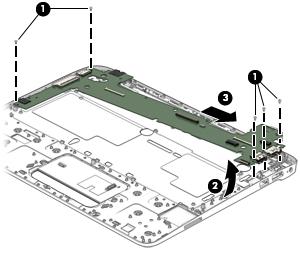 7. Remove the keyboard base I/O board (3) by sliding it up and to the right at an angle. Reverse this procedure to install the keyboard base I/O board.