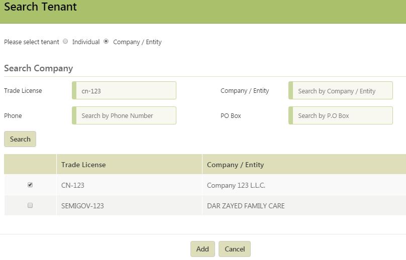 The search details will be show as below. Select the tenant and click button Add.