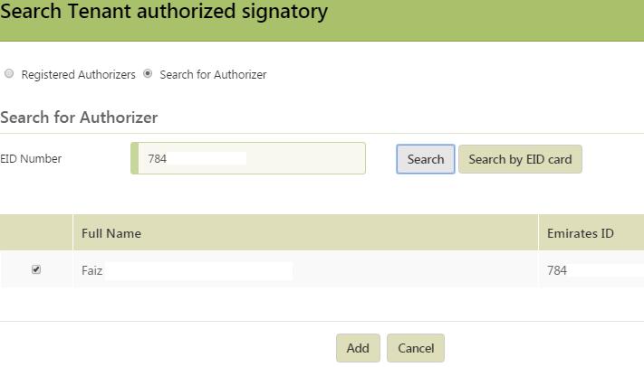 Search for Authorizers To search by EID card, insert the EID card into the card reader and click button Search by EID card. To search by EID number, enter the EID number and click button Search.
