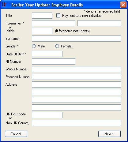 Earlier Year Update Data Entry Enter the employee details on the first screen.