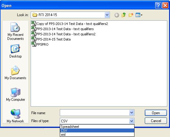 Earlier Year Update Import File Click Import File, the window below is displayed: Select the type of file (Spreadsheet or XML) from the [Files of Type] drop down box, browse to the location of the