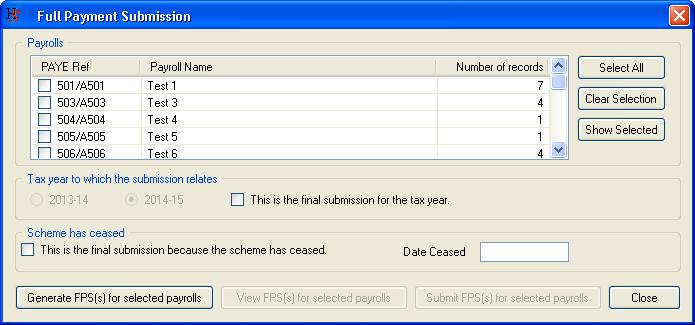 Multiple Payroll/Employer Full Payment Submissions When the import spreadsheet includes more than one different PAYE Reference, the following screen is displayed when the [Submit Data] button is