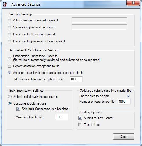 Bulk FPS Submission Settings The bulk Submission settings refer to when more than one FPS return is submitted as part of a single process.