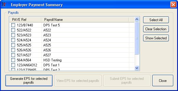 Auto Generate EPS for period of inactivity The following screen will be displayed: Press the [Select All], [Generate EPS for selected payrolls], and [Submit EPS for selected payrolls] buttons.