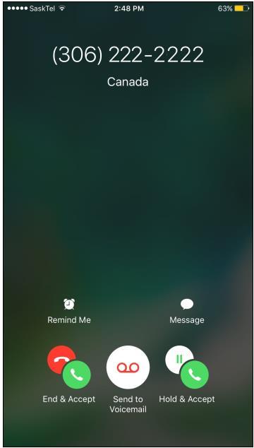 To answer Call Waiting using an iphone device: The customer can choose to end the active call and accept the incoming call or put the active call on hold and accept the incoming call.