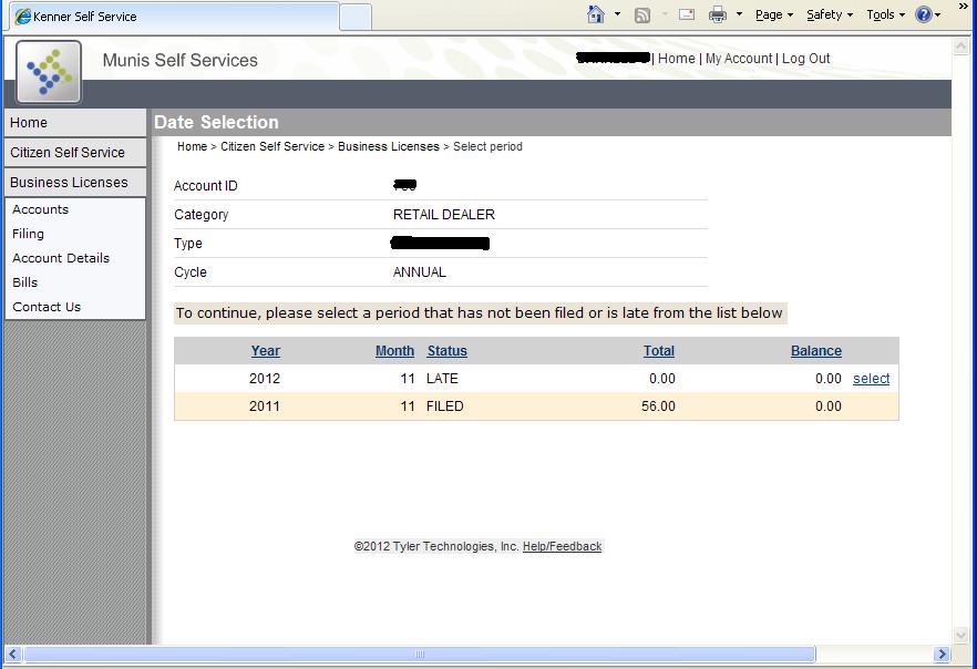 2. In the Date Selection Screen you can see the bills that are due and the status of prior year bills, back to 2009.