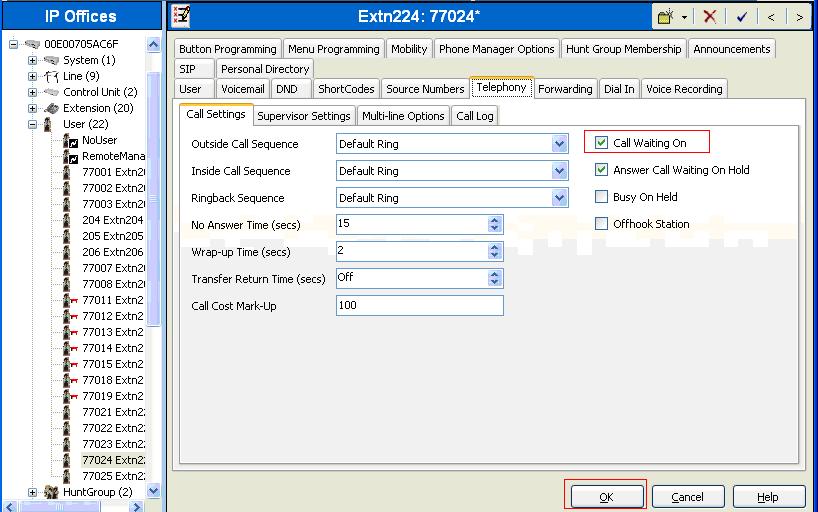 Select the Telephony tab, followed by the Call Settings sub-tab. Check the Call Waiting On field, as shown below.