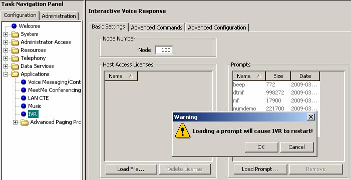 Chapter 2 Installing Interactive Voice Response 27 4 In the Prompts area, click Load Prompt. A message appears warning that IVR will restart after the prompt is loaded. 5 Click OK to continue.